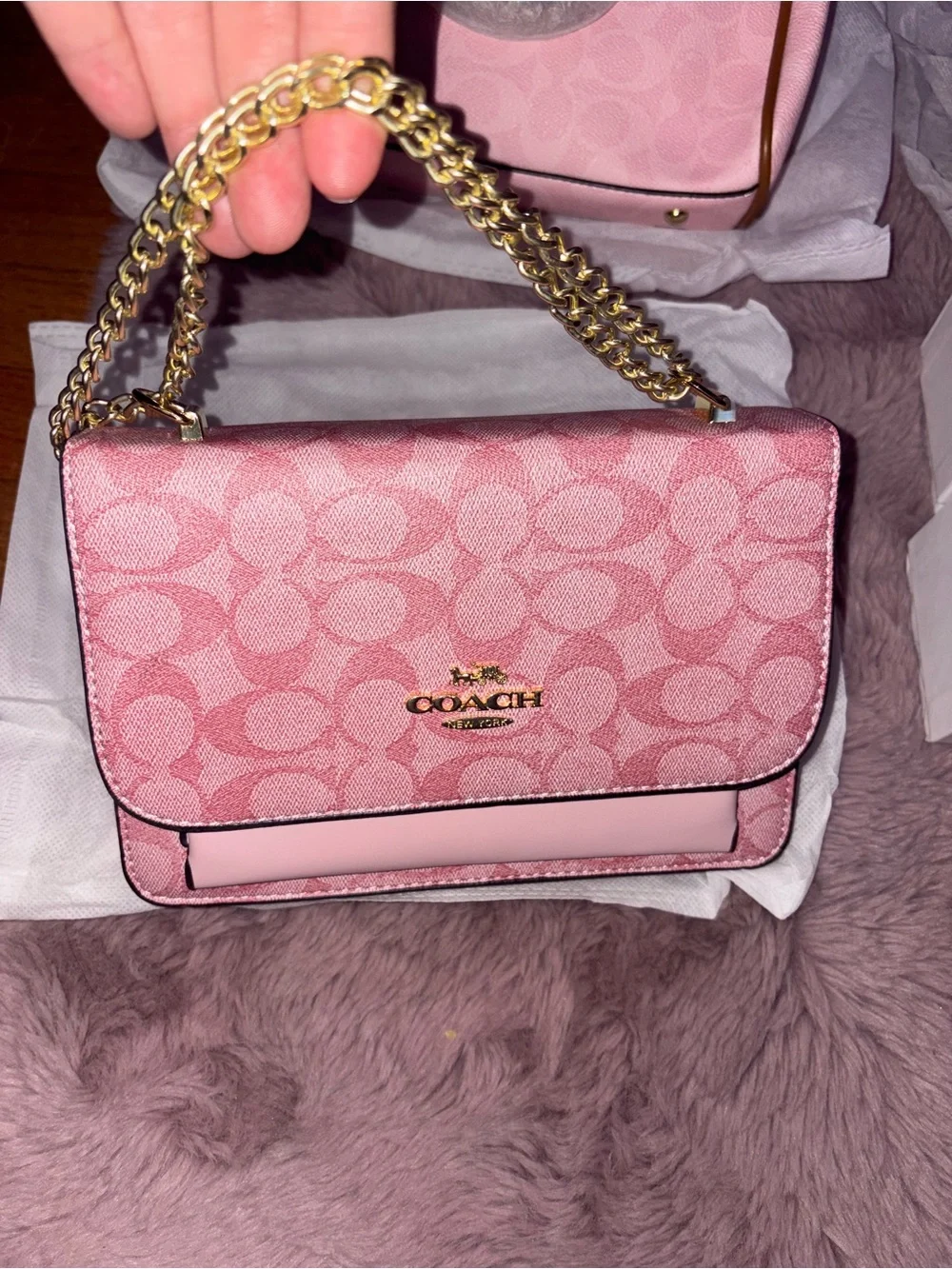 Coach Pink Signature Chain Shoulder Bag with Gold Hardware